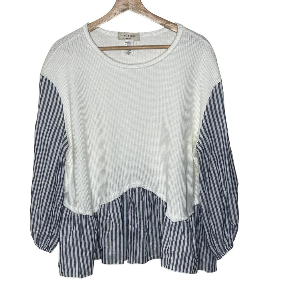 Saints & Hearts Womens‎ Large Waffle Knit Striped Mixed Media Peplum Top